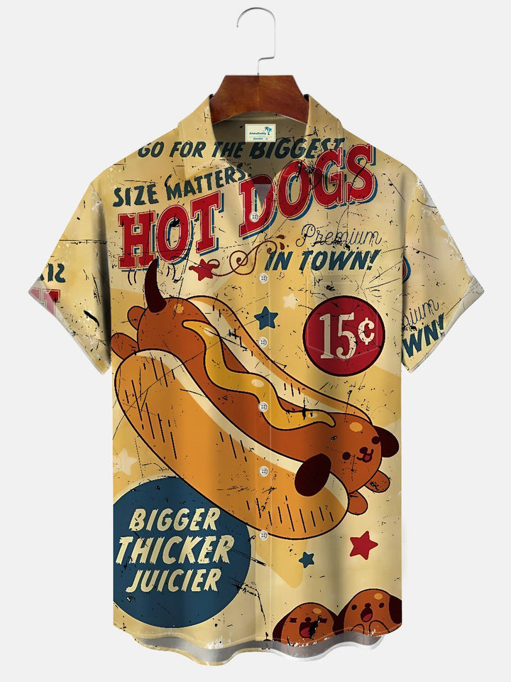 Alohadaddy Summer Hot Dog Art Letters Buttons Pockets Casual Vacation Short Sleeve Shirt