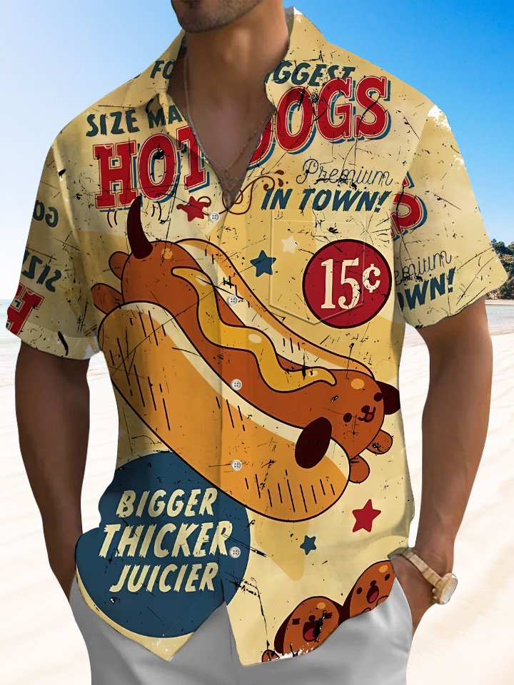 Alohadaddy Summer Hot Dog Art Letters Buttons Pockets Casual Vacation Short Sleeve Shirt