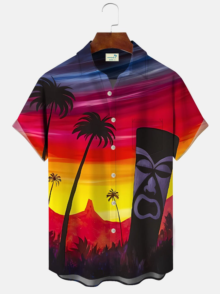 Alohadaddy - Camisa de verano con botones y bolsillos para hombre, diseño de plantas, estatuas de piedra, cocoteros, puesta de sol junto al mar