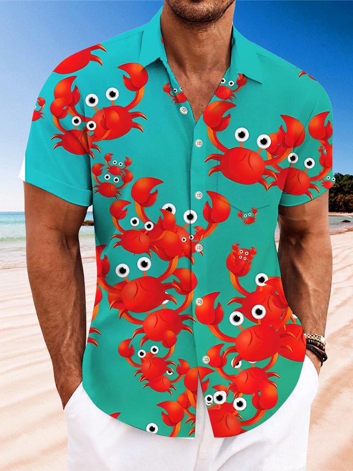 Alohadaddy Summer Ocean Crab Men Button Pocket Casual Vacation Shirt
