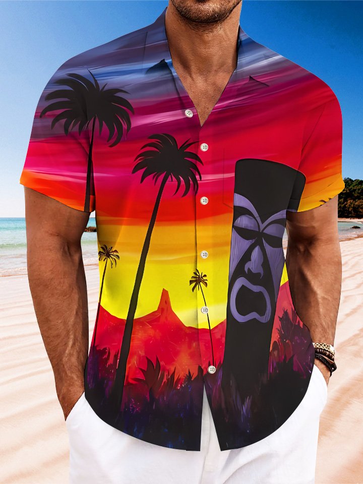 Alohadaddy - Camisa de verano con botones y bolsillos para hombre, diseño de plantas, estatuas de piedra, cocoteros, puesta de sol junto al mar