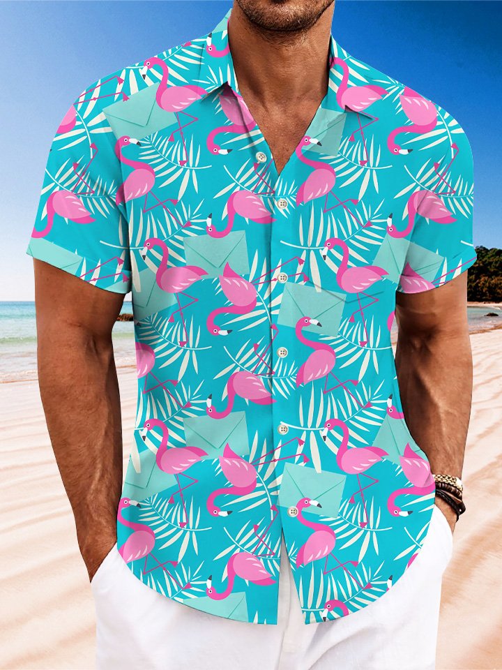 Camisa informal con bolsillos y botones para hombre con diseño de flamencos de verano de Alohadaddy