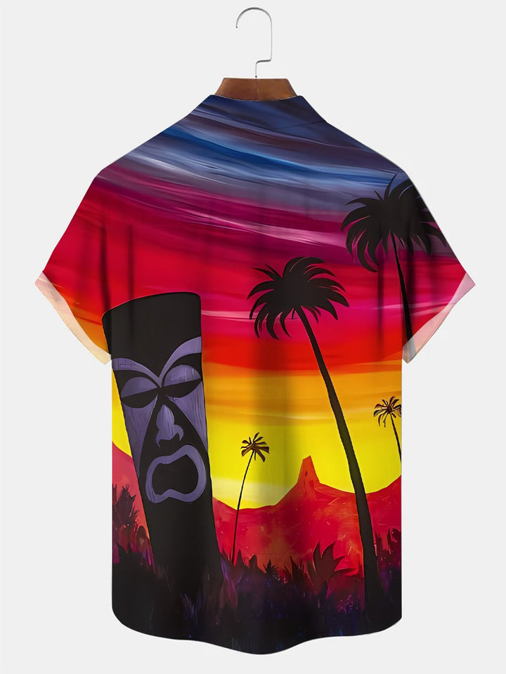 Alohadaddy - Camisa de verano con botones y bolsillos para hombre, diseño de plantas, estatuas de piedra, cocoteros, puesta de sol junto al mar