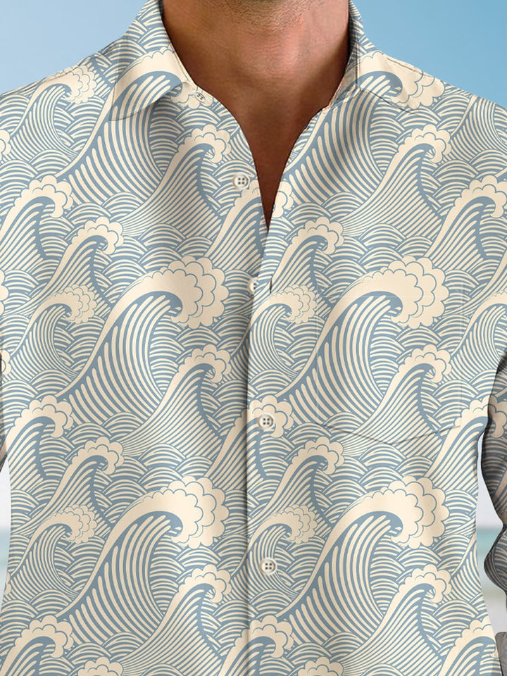 Alohadaddy Summer Wave Mens Button Pocket Casual Long Sleeve Shirt