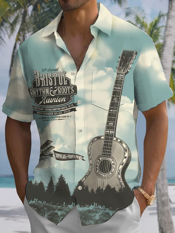 Camisa informal de manga corta con botones y bolsillo para hombre, estilo retro musical, estilo guitarra, de Alohadaddy