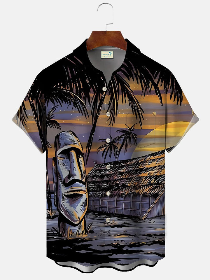 Camisa informal de manga corta con botones y bolsillo para hombre, con estatua de piedra y cocotero de verano de Alohadaddy