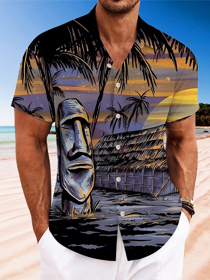 Camisa informal de manga corta con botones y bolsillo para hombre, con estatua de piedra y cocotero de verano de Alohadaddy