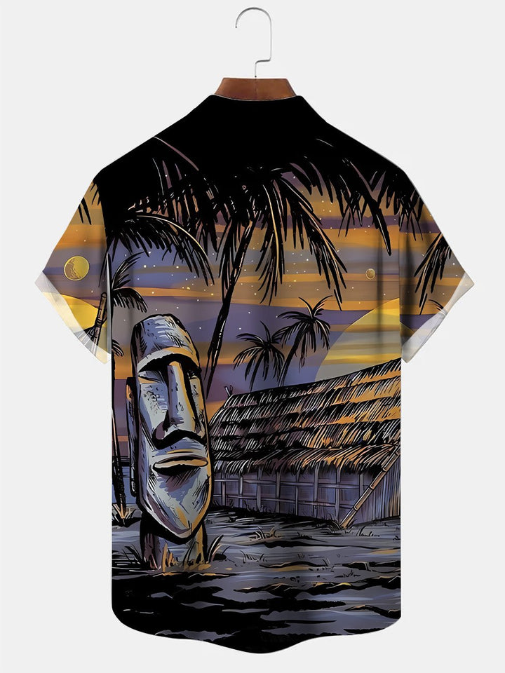 Camisa informal de manga corta con botones y bolsillo para hombre, con estatua de piedra y cocotero de verano de Alohadaddy