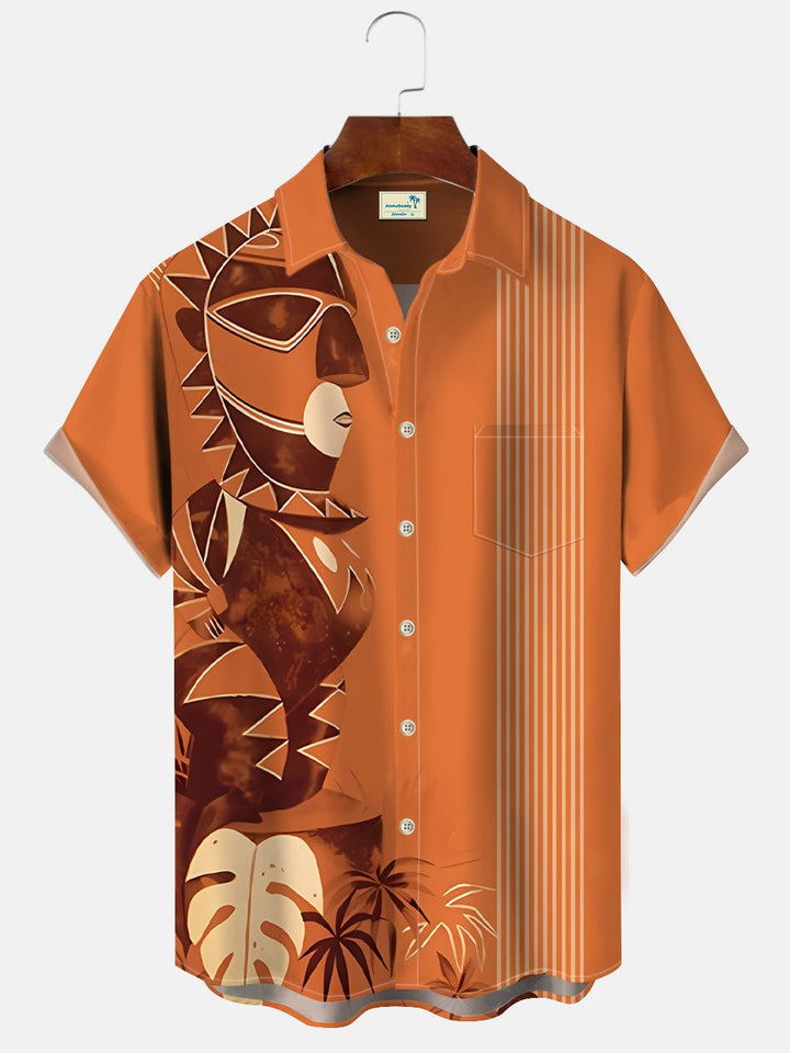 Camisa informal de manga corta con botones y bolsillo para ir al trabajo, estilo retro de los años 50, con estatua de piedra de coco de Alohadaddy para hombre