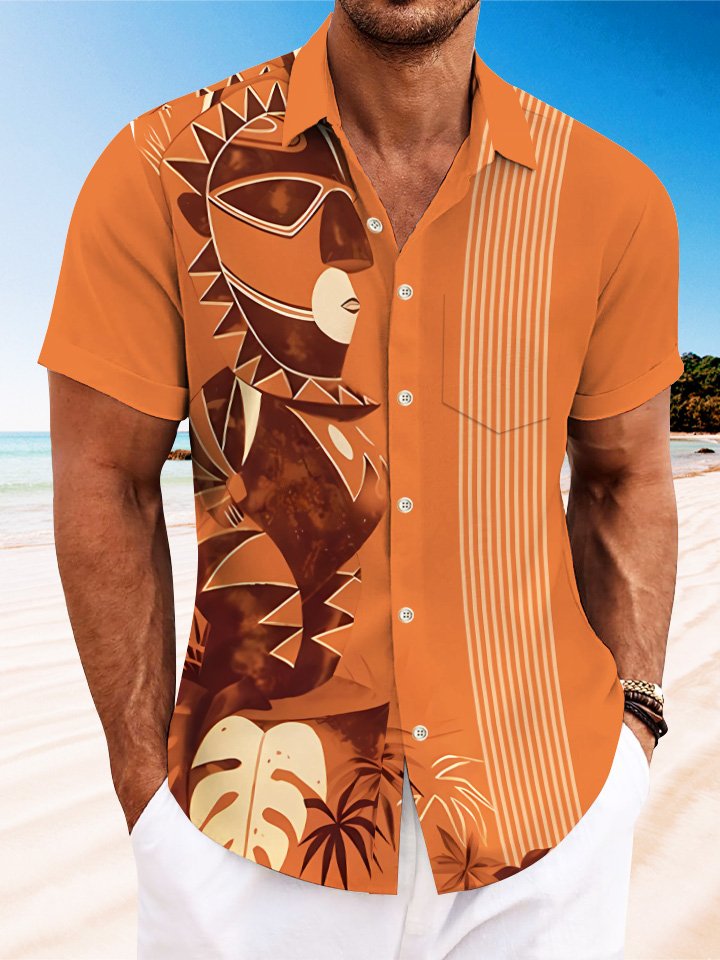 Camisa informal de manga corta con botones y bolsillo para ir al trabajo, estilo retro de los años 50, con estatua de piedra de coco de Alohadaddy para hombre