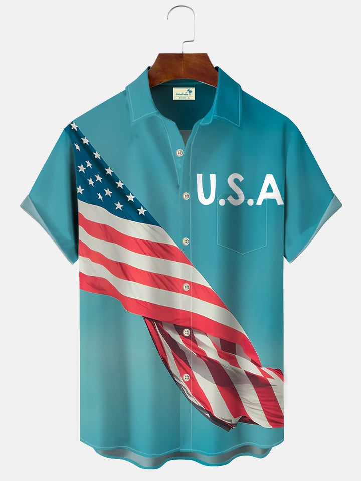 Alohadaddy Vintage Flag USA Mens Button Pocket Mens Casual Vacation Short Sleeve Shirt