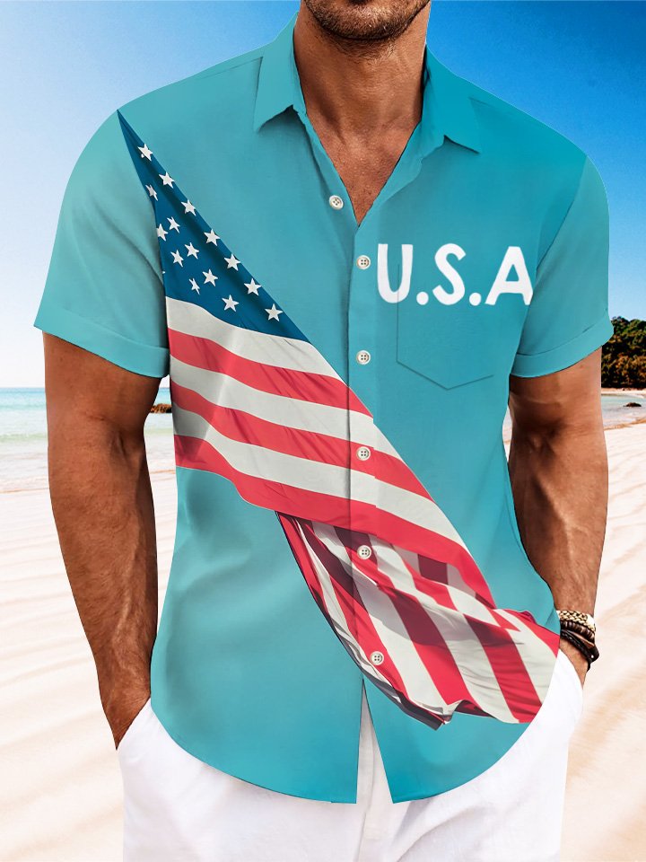 Alohadaddy Vintage Flag USA Mens Button Pocket Mens Casual Vacation Short Sleeve Shirt