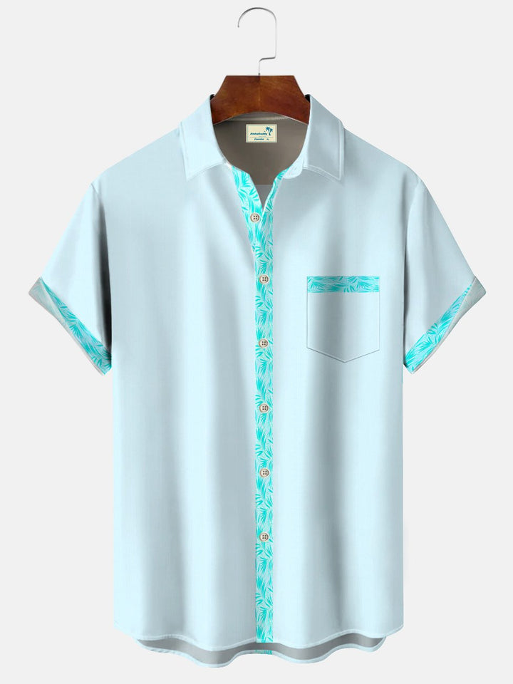 Alohadaddy Leaf Partial Color Contrast Men Pocket Button Casual Commuter 50S Bowling Shirt
