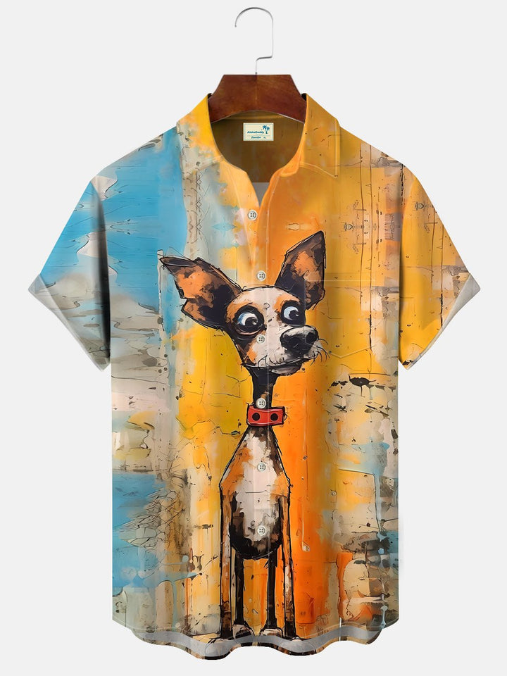 Alohadaddy Animals Funny Animals Dog Oil Painting Art Men Pocket Buttons Casual Short Sleeve Shirt
