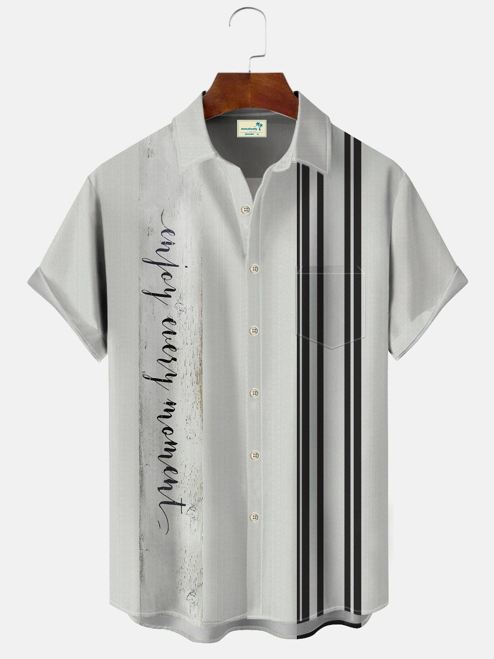 Camisa informal de manga corta para hombre, estilo retro, con rayas geométricas y texto Alohadaddy, con botones y bolsillo, estilo años 50