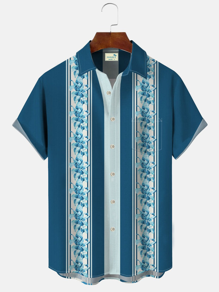 Alohadaddy Geometric Stripes Retro Flowers Men Pocket Button Casual 50S Bowling Commuter Short Sleeve Shirt