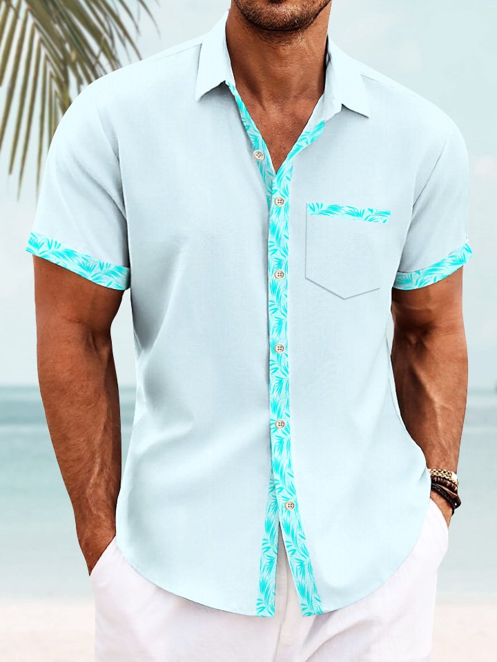 Alohadaddy Leaf Partial Color Contrast Men Pocket Button Casual Commuter 50S Bowling Shirt
