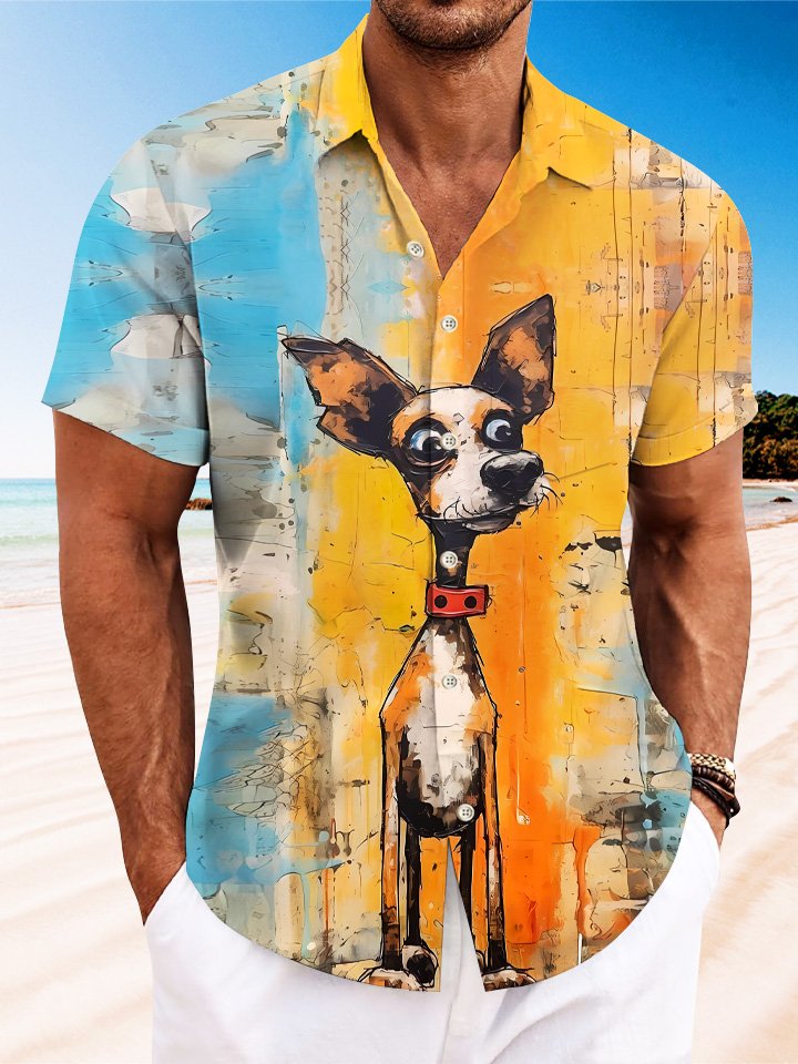 Alohadaddy Animals Funny Animals Dog Oil Painting Art Men Pocket Buttons Casual Short Sleeve Shirt