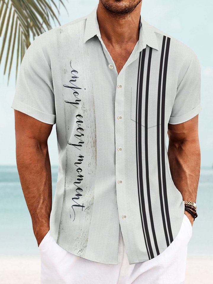 Camisa informal de manga corta para hombre, estilo retro, con rayas geométricas y texto Alohadaddy, con botones y bolsillo, estilo años 50