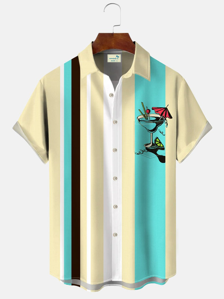 Alohadaddy Geometric Stripes Contrast Color Wine Glass Men Button Pocket 50S Bowling Commuter Casual Short Sleeve Shirt