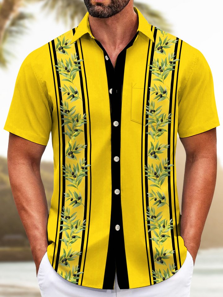 Camisa informal de manga corta con botones y bolsillos para hombre, estilo años 50, con diseño de flores y rayas geométricas de Alohadaddy