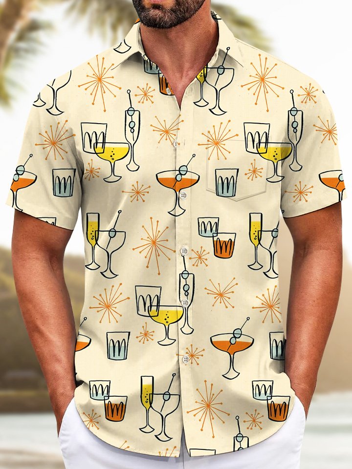 Alohadaddy Wine Glass Cocktail Beach Vintage Men Button Pocket Casual Short Sleeve Shirt