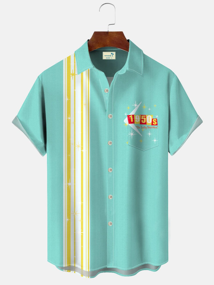 Camisa de manga corta informal de bolos de los años 50 con bolsillo y botones para hombre con texto a rayas de Alohadaddy