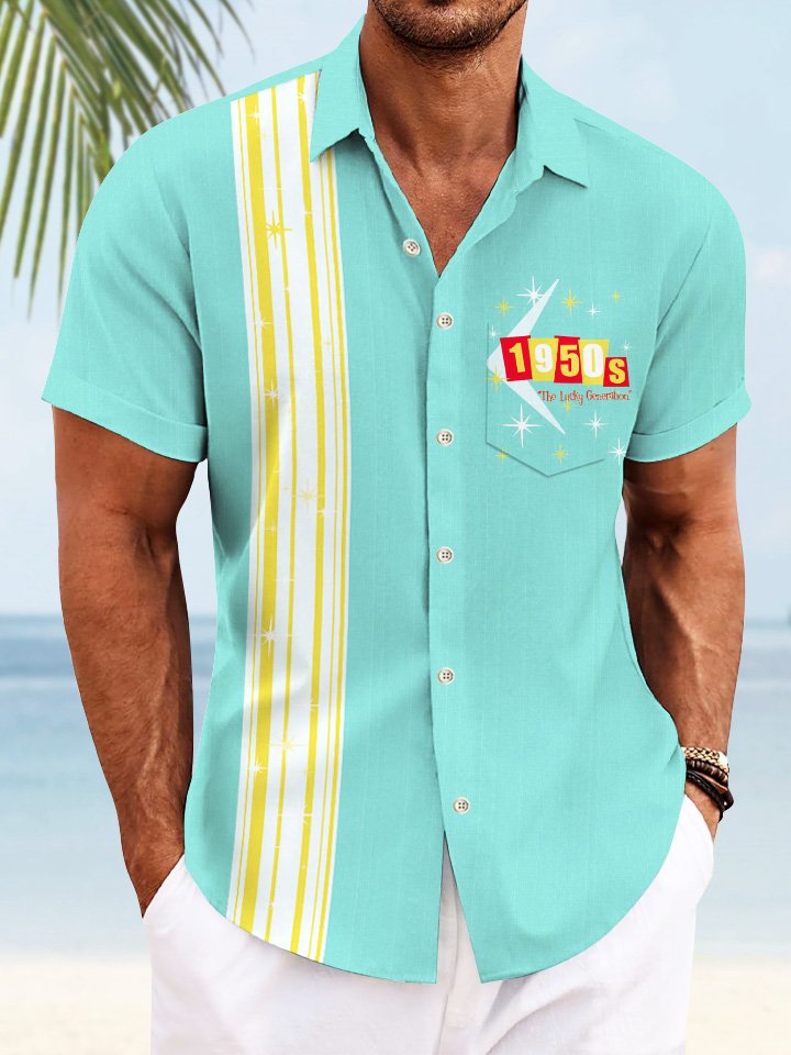 Camisa de manga corta informal de bolos de los años 50 con bolsillo y botones para hombre con texto a rayas de Alohadaddy