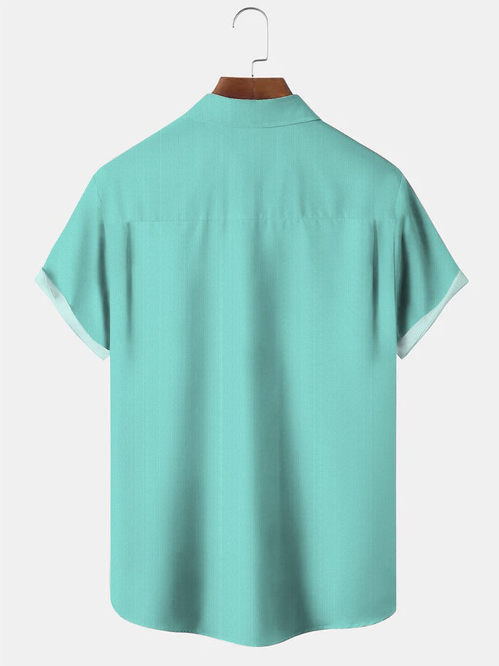 Camisa de manga corta informal de bolos de los años 50 con bolsillo y botones para hombre con texto a rayas de Alohadaddy