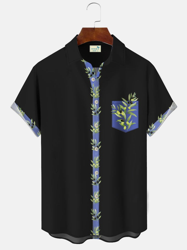 Alohadaddy Stripe Partial Color Contrast Flower Men Button Pocket 50S Bowling Casual Short Sleeve Shirt
