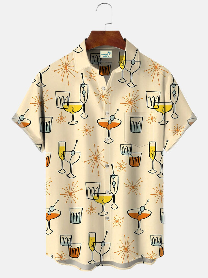 Alohadaddy Wine Glass Cocktail Beach Vintage Men Button Pocket Casual Short Sleeve Shirt