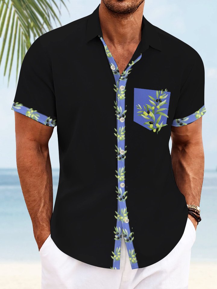 Alohadaddy Stripe Partial Color Contrast Flower Men Button Pocket 50S Bowling Casual Short Sleeve Shirt