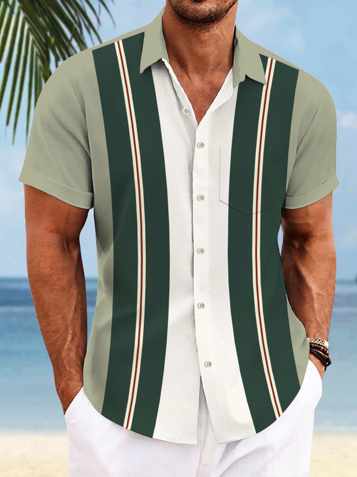 Camisa informal de manga corta para hombre, estilo bolos, estilo años 50, con bolsillos y botones, con rayas geométricas de colores retro de Alohadaddy