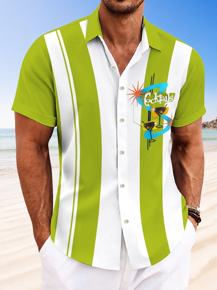 Camisa de manga corta para hombre estilo años 50 con diseño de copa de vino y rayas geométricas con arte 3D y botones en el bolsillo