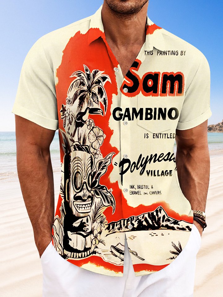 Chemise à manches courtes décontractée à poches boutonnées pour hommes avec statue en pierre vintage Alohadaddy Coconut Tree