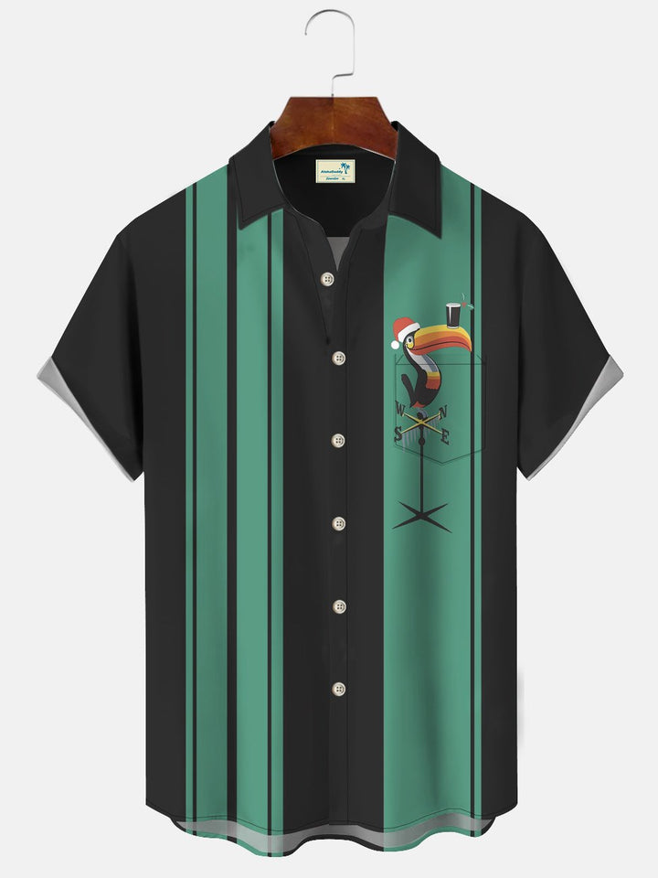 Alohadaddy Rétro Drôle Animaux Perroquet Hommes Poche Bouton Décontracté 50S Bowling Commuter Chemise À Manches Courtes