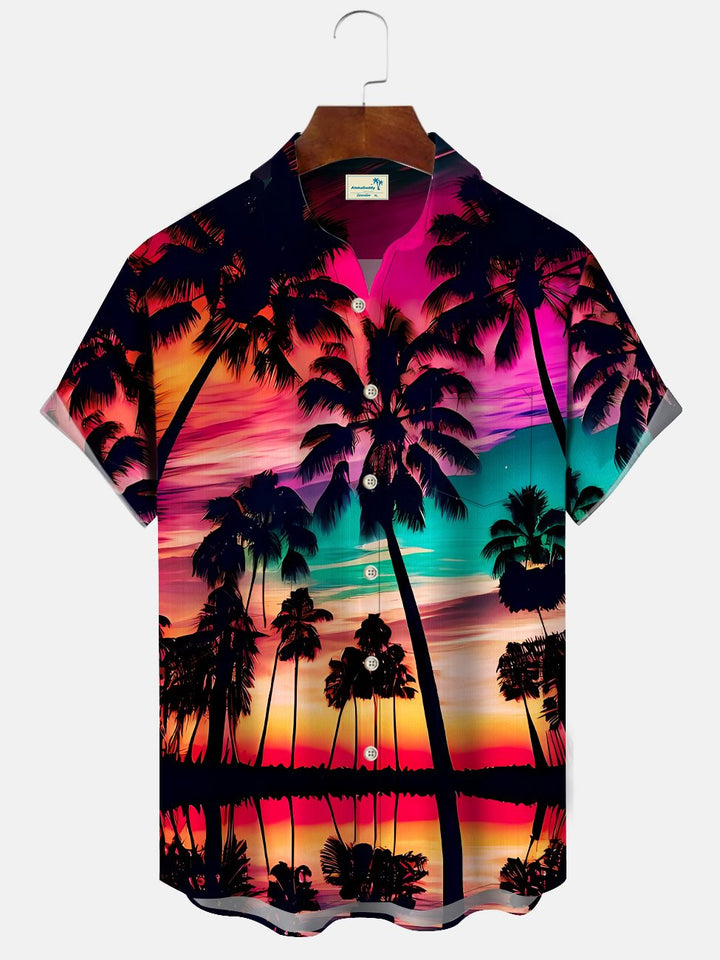 Chemise à manches courtes décontractée avec poche à boutons pour homme Alohadaddy Coconut Tree Beach Sunset