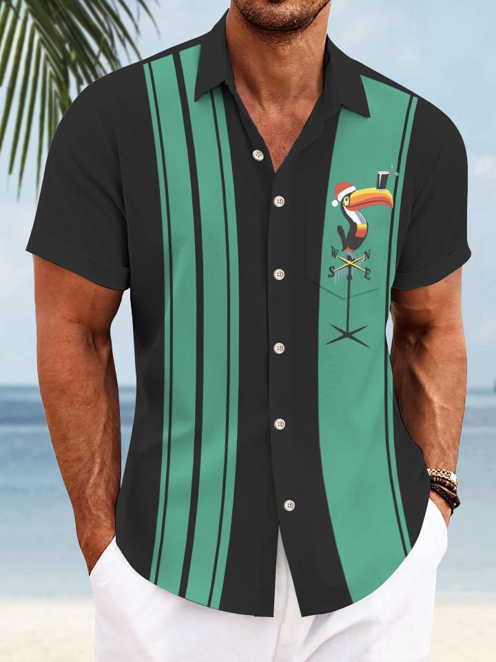 Alohadaddy Rétro Drôle Animaux Perroquet Hommes Poche Bouton Décontracté 50S Bowling Commuter Chemise À Manches Courtes