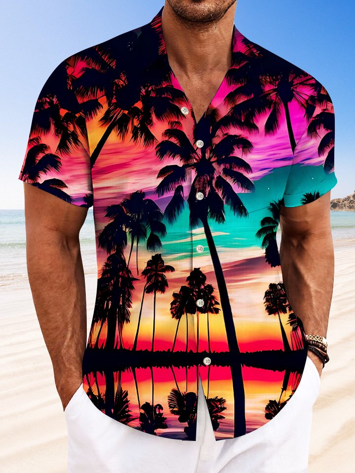 Chemise à manches courtes décontractée avec poche à boutons pour homme Alohadaddy Coconut Tree Beach Sunset