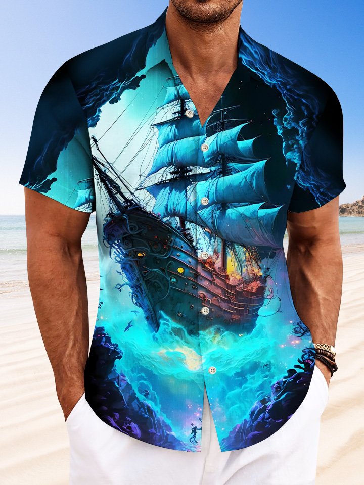 Camisa informal de manga corta con botones y bolsillo para vacaciones para hombre con diseño de barco en contraste oceánico de Alohadaddy