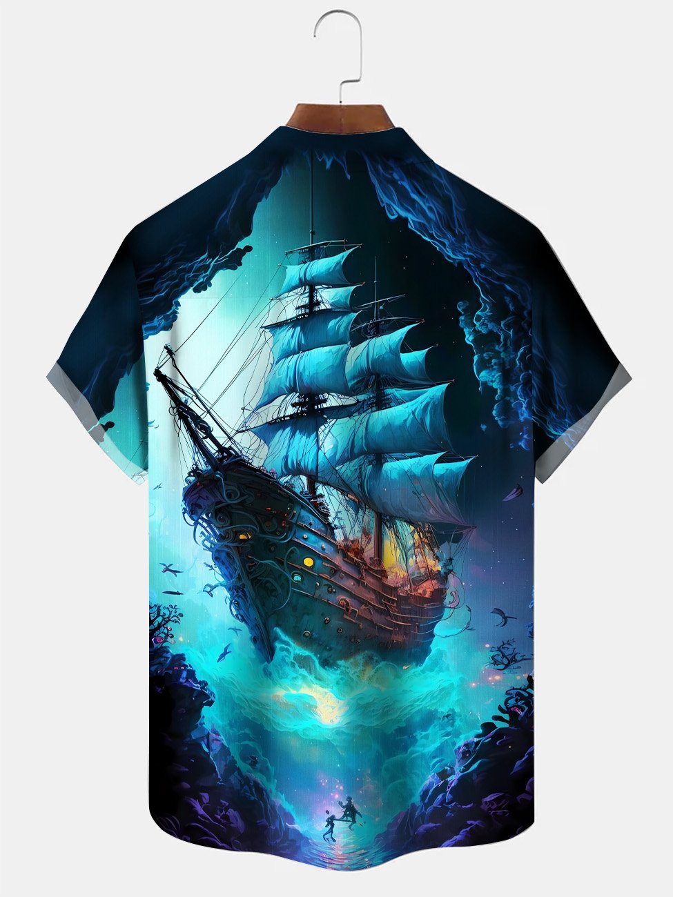 Camisa informal de manga corta con botones y bolsillo para vacaciones para hombre con diseño de barco en contraste oceánico de Alohadaddy