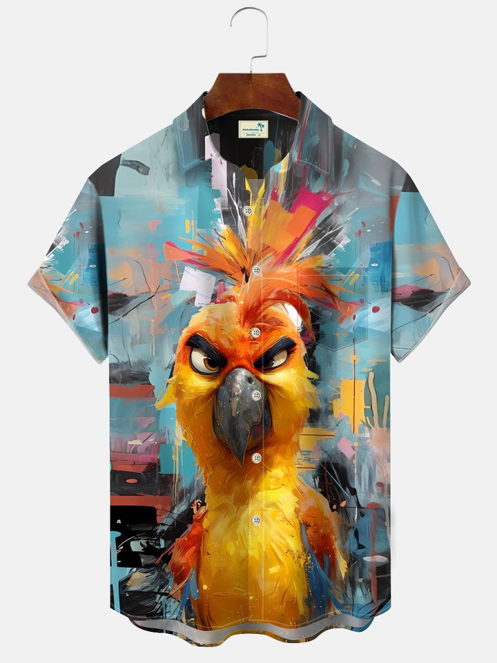Alohadaddy Retro Oil Painting Art Parrot Men Pocket Button Casual Vacation Short Sleeve Shirt