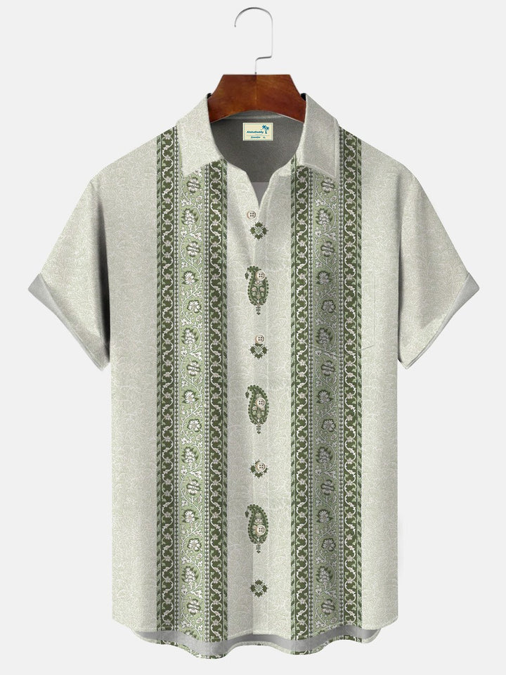 Alohadaddy Flower Ethnic Style Men Pocket Button 50S Bowling Commuter Casual Short Sleeve Shirt
