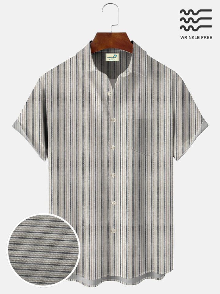 Alohadaddy Stripe Men Pocket Button 50S Bowling Commuter Casual Short Sleeve Shirt