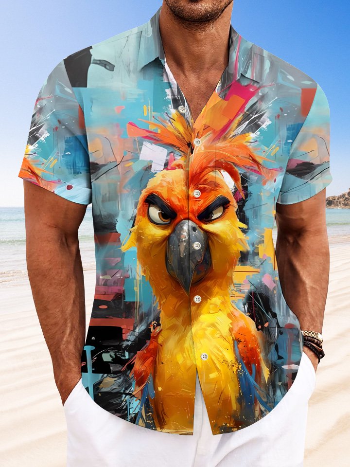 Alohadaddy Retro Oil Painting Art Parrot Men Pocket Button Casual Vacation Short Sleeve Shirt
