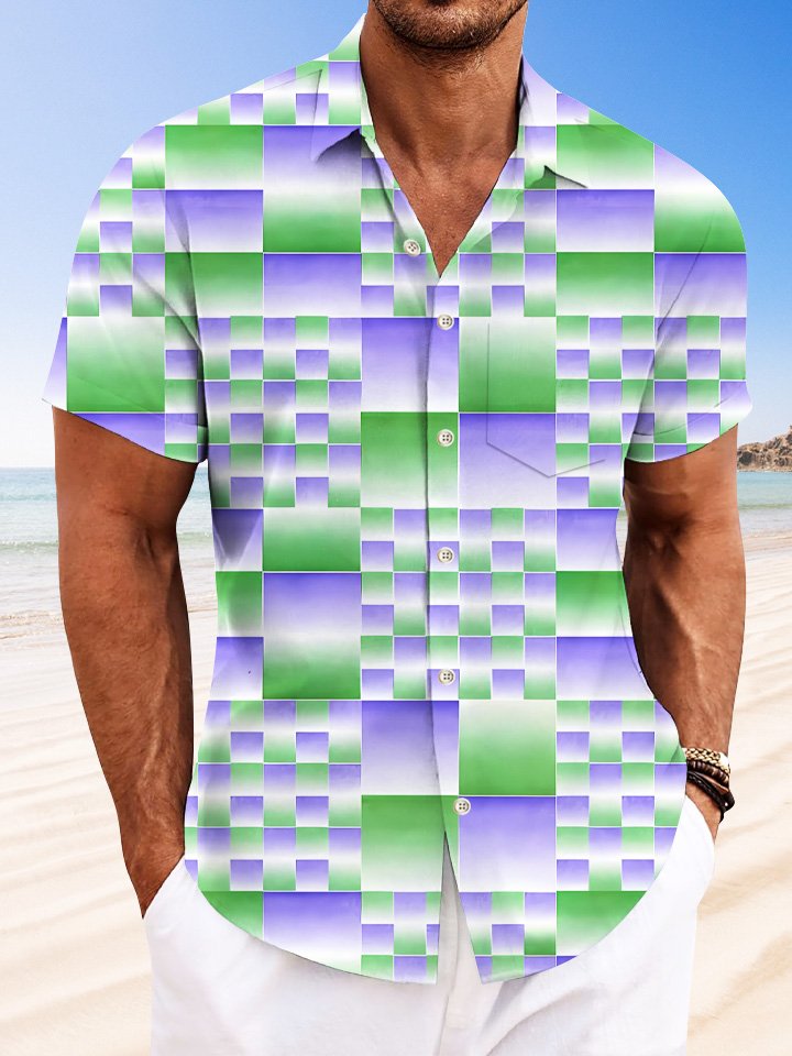Camisa informal de manga corta con botones y bolsillo para hombre con estampado geométrico 3D de Alohadaddy