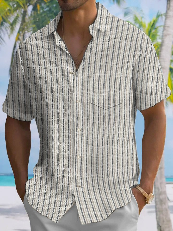 Alohadaddy Stripe Men Pocket Button 50S Bowling Commuter Casual Short Sleeve Shirt