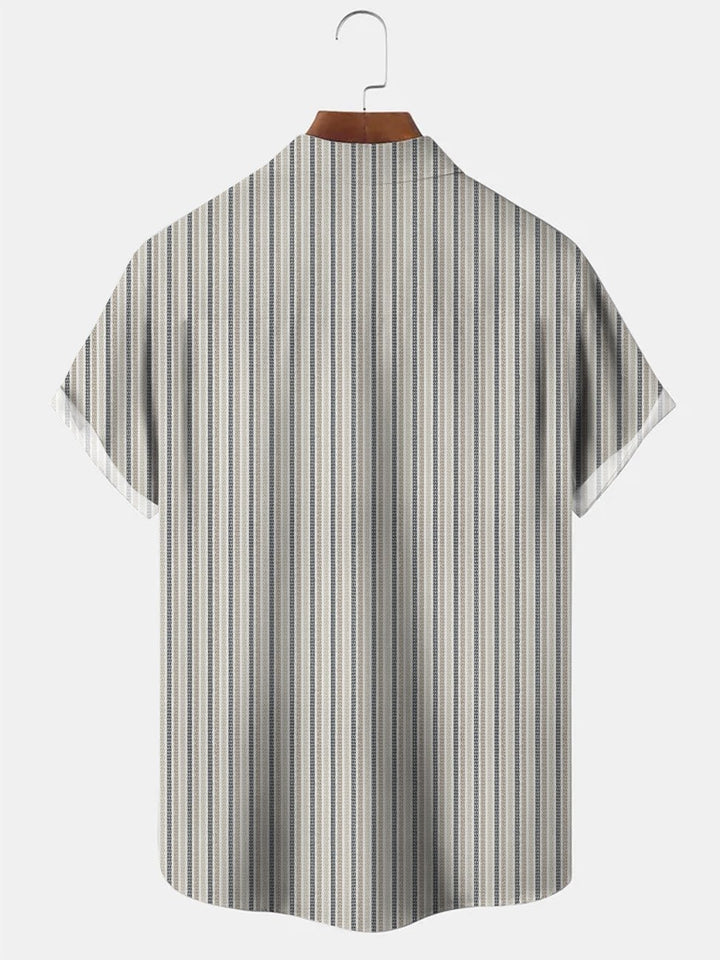 Alohadaddy Stripe Men Pocket Button 50S Bowling Commuter Casual Short Sleeve Shirt