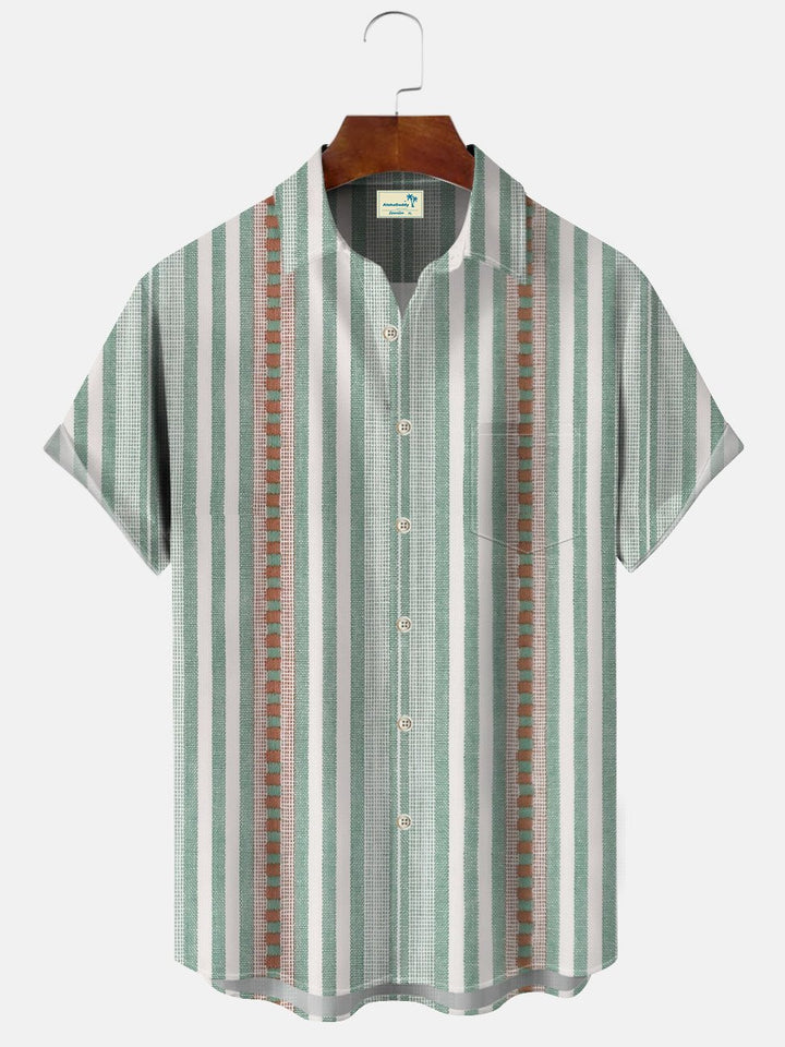 Alohadaddy Stripe Men Pocket Button 50S Bowling Commuter Casual Short Sleeve Shirt