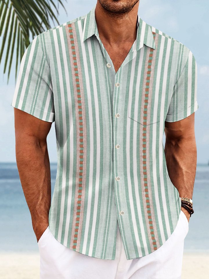 Alohadaddy Stripe Men Pocket Button 50S Bowling Commuter Casual Short Sleeve Shirt